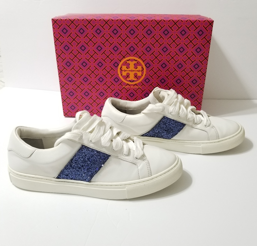 Tory Burch Sport Lace Up Snow White Leather Blue Glitter Sneakers size 9.5